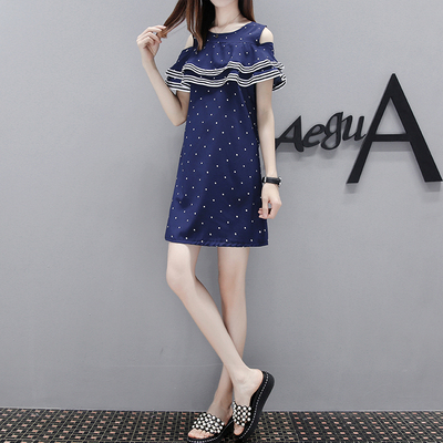 女夏露肩波点欧货裙子潮