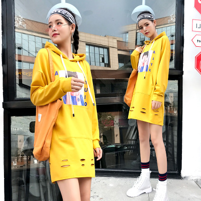 秋季新款中长款长袖连帽卫衣女